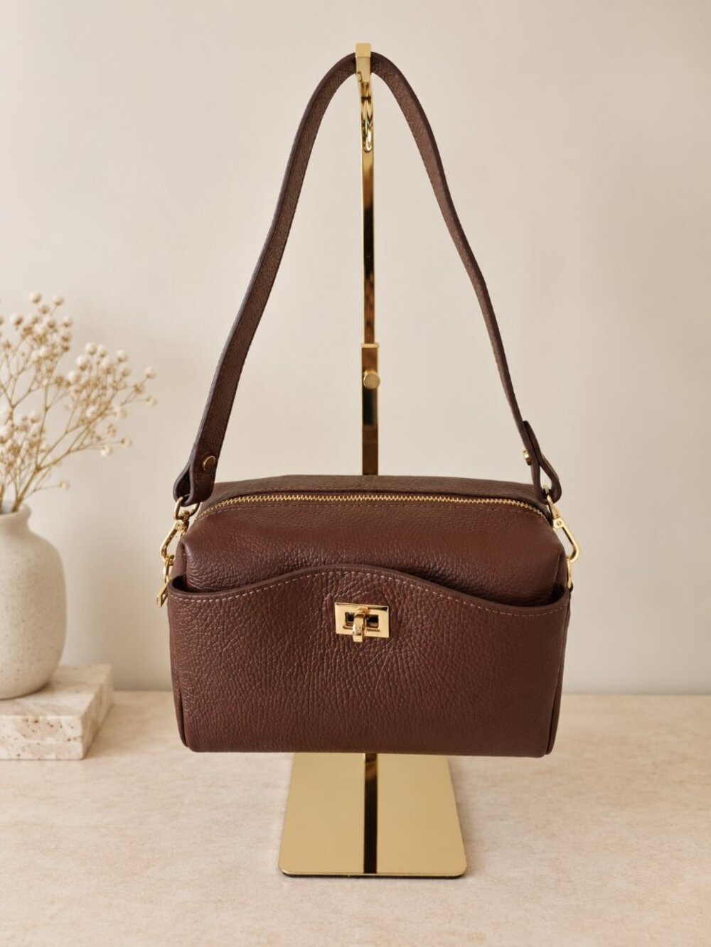 Cognac Genuine Leather Crossbody Bag, Italian Leather Shoulder Bag